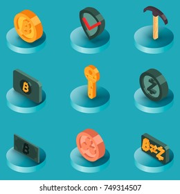 Blockchain flat isometric icons. Cryptocurrency theme. Vector illustration EPS 10