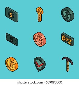 Blockchain flat outline isometric icons