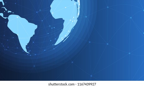 Blockchain Futuristic technology hud ui background with world globe and blockchain polygon peer to peer network. Global cryptocurrency blockchain business banner concept. Different World locations