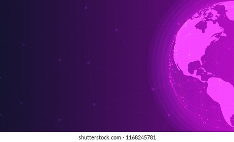 Blockchain Futuristic technology hud ui background with world globe and blockchain polygon peer to peer network. Global cryptocurrency blockchain business banner concept. Different World locations