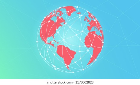 Blockchain Futuristic technology hud ui background with world globe and blockchain polygon peer to peer network. Global cryptocurrency blockchain business banner concept. Different World locations