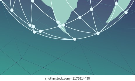 Blockchain Futuristic technology hud ui background with world globe and blockchain polygon peer to peer network. Global cryptocurrency blockchain business banner concept. Different World locations