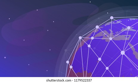 Blockchain Futuristic technology hud ui background with world globe and blockchain polygon peer to peer network. Global cryptocurrency blockchain business banner concept. Different World locations