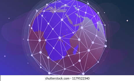 Blockchain Futuristic technology hud ui background with world globe and blockchain polygon peer to peer network. Global cryptocurrency blockchain business banner concept. Different World locations