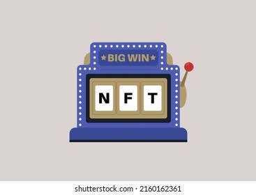 A blockchain gambling machine, a one armed bandit with letters NFT in a row, a jackpot concept