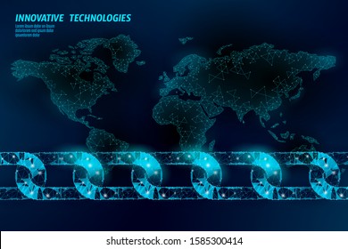Blockchain global business symbol concept. Chain connection World map information security. 3D low poly polygonal geometric design. Global technology e-commerce online vector illustration