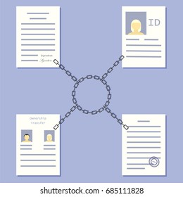 Blockchain government concept. Stock vector illustration of chains and documents for distributed database technology use in public service.