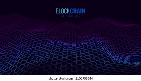 Blockchain Hexagon Grid. Cryptocurrency Technology Vector Background. Abstract Fintech Concept. NFT Cryptoart Blockchain Background 3D Vector Illustration.