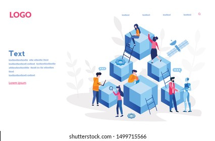 Blockchain, Hi Tech Block Chain Process Data Structure Visualization With Business People. Future Technologies, People And Cubic Blocks Connected Into Chain Vector Illustration