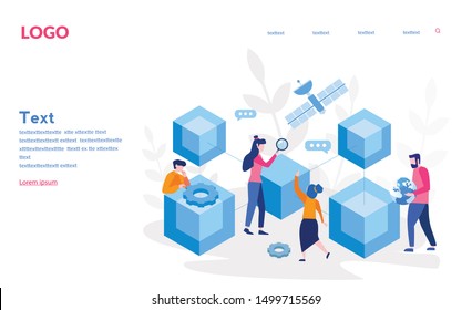 Blockchain, Hi Tech Block Chain Process Data Structure Visualization With Business People. Future Technologies, People And Cubic Blocks Connected Into Chain Vector Illustration