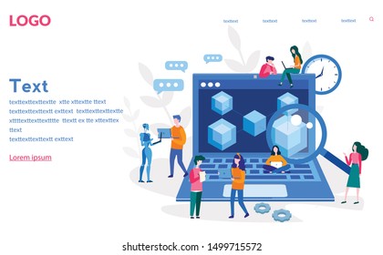 Blockchain, Hi tech Block chain process data structure visualization with business people. Future technologies, people and cubic blocks connected into chain vector illustration
