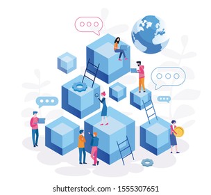 Blockchain, Hi tech Block chain process data structure visualization with business people. Future technologies, people and cubic blocks connected into chain vector illustration