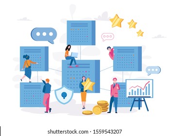 Blockchain, Hi tech Block chain process data structure visualization with business people. Future technologies, people and cubic blocks connected into chain vector illustration