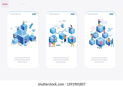 Blockchain, Hi Tech Block Chain Process Data Structure Visualization With Business People. Future Technologies, People And Cubic Blocks Connected Into Chain Vector Illustration, Competitive Process