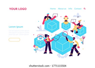 Blockchain, Hi tech Block chain procesa la visualización de la estructura de datos con gente de negocios. Tecnologías futuras, personas y bloques cúbicos conectados a la ilustración de vector de cadena