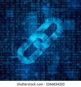 Blockchain hyperlink symbol on binary code. Chain symbol on abstract blue matrix background. Number big data flow information. Cryptocurrency and blockchain business concept. Vector illustration