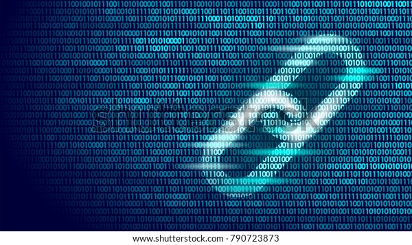 Blockchain hyperlink symbol on binary\
code number big data flow information. Cryptocurrency finance\
bitcoin business concept vector illustration background\
template