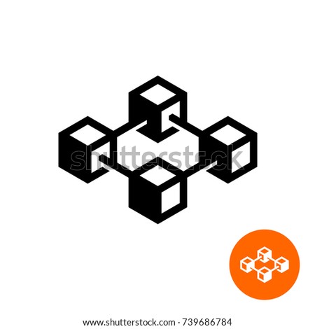 Blockchain icon. Block chain technology symbol. 3D cube nodes connected in a common structure.