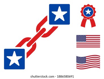 Icono de la cadena de bloqueo en colores azul y rojo con estrellas. El estilo de ilustración de Blockchain utiliza los colores oficiales americanos de los partidos políticos demócratas y republicanos y formas estelares.