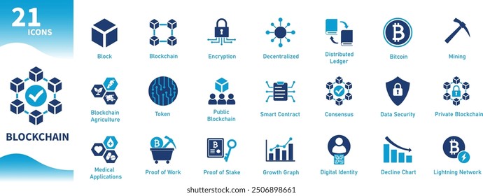 Blockchain icon. Collection of bitcoin, computer technology, cryptocurrency, digital security themes. Solid vector icons.