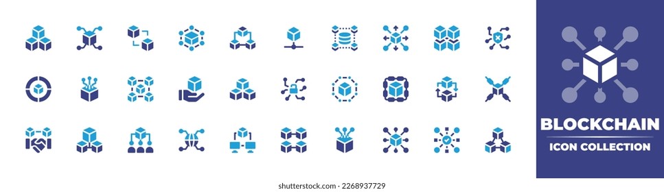 Blockchain icon collection. Duotone color. Vector illustration. Containing blockchain, distribution, unsecure, cubes, unlocked, smart contract, distributed ledger.