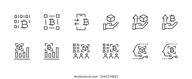 Blockchain icon collection. Encryption icon set. Bitcoin, digital money, blockchain, virtual currency, digital assets and more. Editable stroke. Pixel Perfect. Grid base 32px.