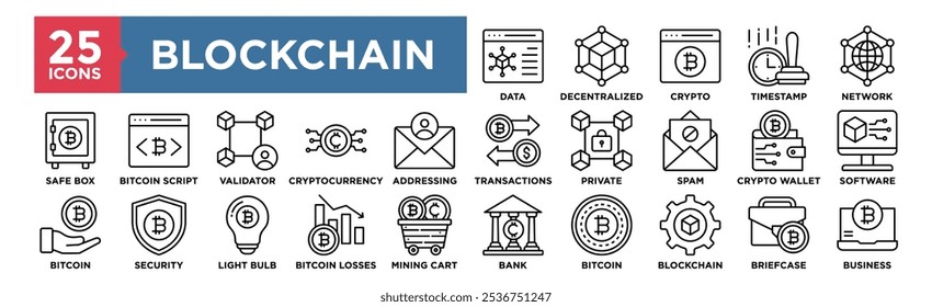 Conjunto de coleta de ícone de cadeia de blocos. Contendo design digital, blockchain, negócios, tecnologia, rede, tecnologia