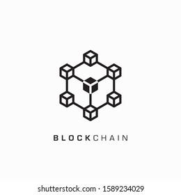 Blockchain Icon. Crypto Network. Isometic Cube. Atom Array Creating Block Chain. Decentalized Internet - Black, Mono Vector