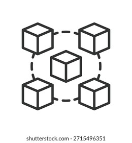 Blockchain ícone no projeto de linha. blockchain, razão distribuído, rede descentralizada, tecnologia de criptografia no vetor de fundo branco. Ícone de traçado editável de cadeia de blocos