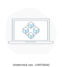 Blockchain icon on laptop screen, connected cubes on the display. Symbol of database, data center, crypto template, cryptocurrency and blockchain