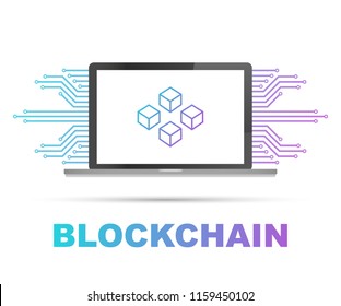 Blockchain icon on laptop screen, connected cubes on the display. Symbol of database, data center, crypto template, cryptocurrency and blockchain. Vector stock illustration.