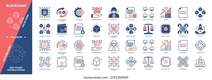 Blockchain icon set. Anonymity, Cyber Security, Transaction, Mining, Smart Contract, Exchange, Wallet, Encryption. Duotone color solid and editable outline icons