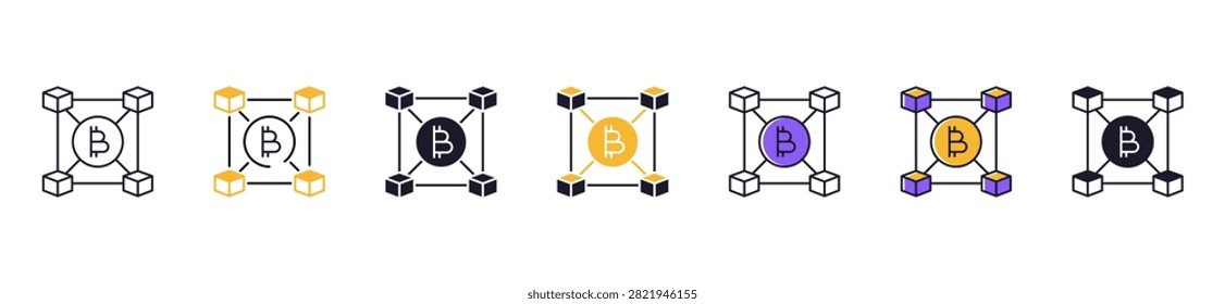 Blockchain icon set collection featuring decentralized chain, distributed ledger, block, crypto network, digital record, technology vector illustration