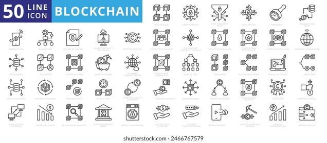 Conjunto de iconos de cadena de bloques con criptografía, hash, cifrado, marca de tiempo, datos, transacción, nodos y estructura.