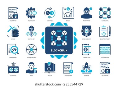 Blockchain icon set. Digital Key, Cyber Security, Transaction, Mining, Smart Contract, Exchange, Wallet, Encryption. Duotone color solid icons