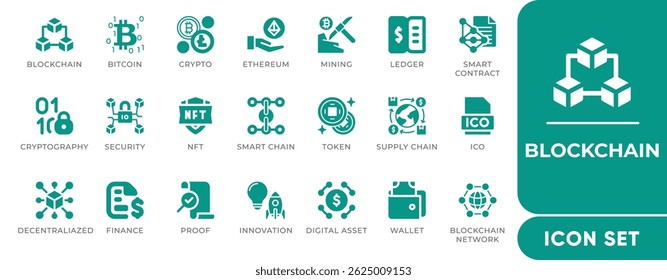 Conjunto de Ícones de Cadeia de Blocos. Apresenta ícones vetoriais editáveis de criptografia, razão, nós, mineração, contratos inteligentes e tokens. Perfeito para fintech, aplicativos e projetos técnicos seguros.
