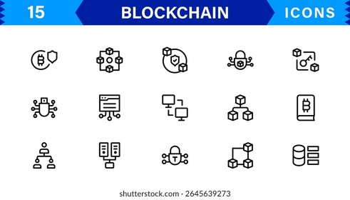 Blockchain Icon Set Apresentando Criptomoeda, Razão, Segurança, Tokens e Contratos Inteligentes em um design de vetor limpo, profissional e otimizado para SEO