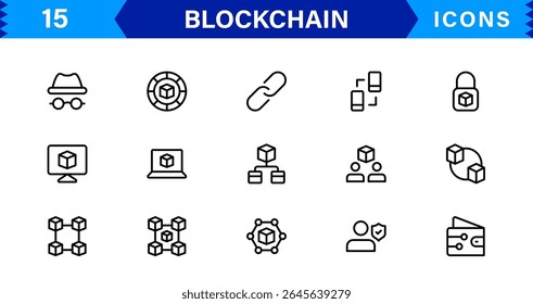 Blockchain Icon Set Apresentando Criptomoeda, Razão, Segurança, Tokens e Contratos Inteligentes em um design de vetor limpo, profissional e otimizado para SEO