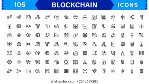 Blockchain Icon Set Apresentando Criptomoeda, Razão, Segurança, Tokens e Contratos Inteligentes em um design de vetor limpo, profissional e otimizado para SEO
