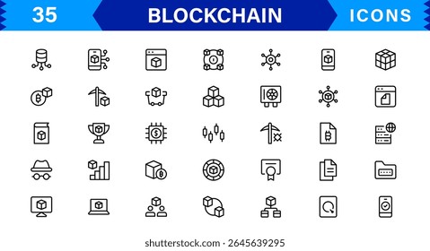 Blockchain Icon Set Apresentando Criptomoeda, Razão, Segurança, Tokens e Contratos Inteligentes em um design de vetor limpo, profissional e otimizado para SEO