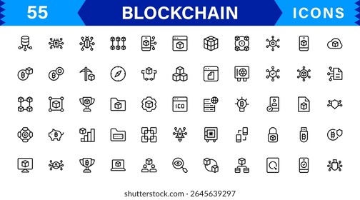 Blockchain Icon Set Apresentando Criptomoeda, Razão, Segurança, Tokens e Contratos Inteligentes em um design de vetor limpo, profissional e otimizado para SEO