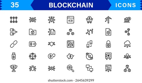 Blockchain Icon Set Featuring Cryptocurrency, Ledger, Security, Tokens, and Smart Contracts in a Clean, Professional, and SEO-Optimized Vector Design
