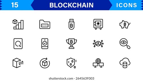 Blockchain Icon Set Apresentando Criptomoeda, Razão, Segurança, Tokens e Contratos Inteligentes em um design de vetor limpo, profissional e otimizado para SEO