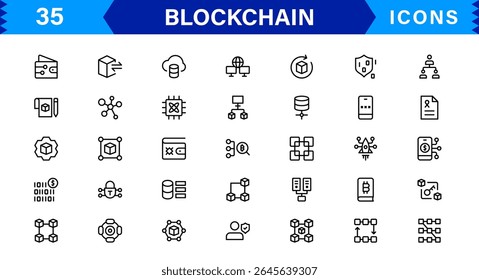 Blockchain Icon Set Apresentando Criptomoeda, Razão, Segurança, Tokens e Contratos Inteligentes em um design de vetor limpo, profissional e otimizado para SEO