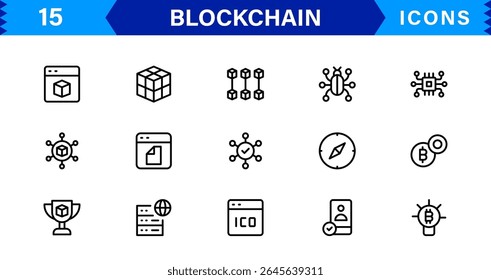 Blockchain Icon Set Apresentando Criptomoeda, Razão, Segurança, Tokens e Contratos Inteligentes em um design de vetor limpo, profissional e otimizado para SEO