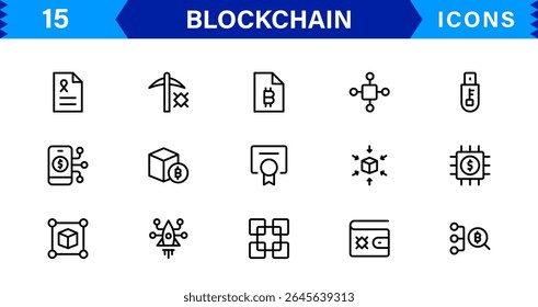 Blockchain Icon Set Apresentando Criptomoeda, Razão, Segurança, Tokens e Contratos Inteligentes em um design de vetor limpo, profissional e otimizado para SEO