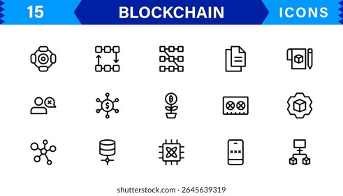 Blockchain Icon Set Apresentando Criptomoeda, Razão, Segurança, Tokens e Contratos Inteligentes em um design de vetor limpo, profissional e otimizado para SEO