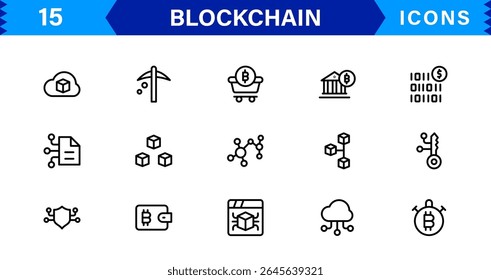 Blockchain Icon Set Apresentando Criptomoeda, Razão, Segurança, Tokens e Contratos Inteligentes em um design de vetor limpo, profissional e otimizado para SEO