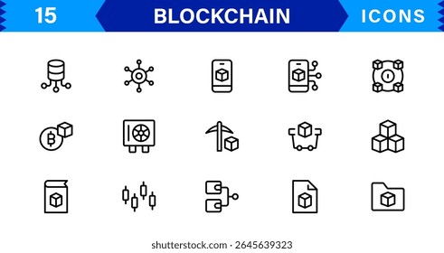 Blockchain Icon Set Apresentando Criptomoeda, Razão, Segurança, Tokens e Contratos Inteligentes em um design de vetor limpo, profissional e otimizado para SEO