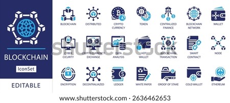 Blockchain Icon Set featuring editable vector icons for cryptocurrency, smart contract, token, wallet, data security, decentralized finance, and Ethereum in a modern flat style.